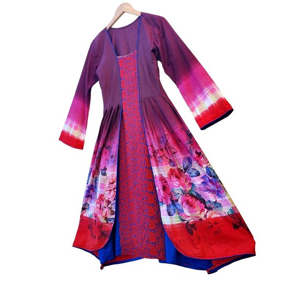 Long Sleeve Dress Floral Red Blue Embroidered Patchwork Kameez Size S NWOT - Picture 16 of 16
